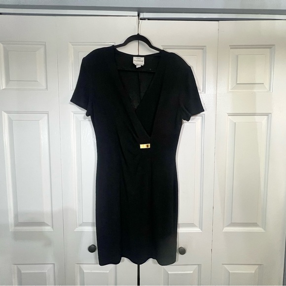 Vintage Joseph Ribkoff 70s 80s Faux Wrap Black Dress Knee Length Dress 14 - Picture 3 of 7